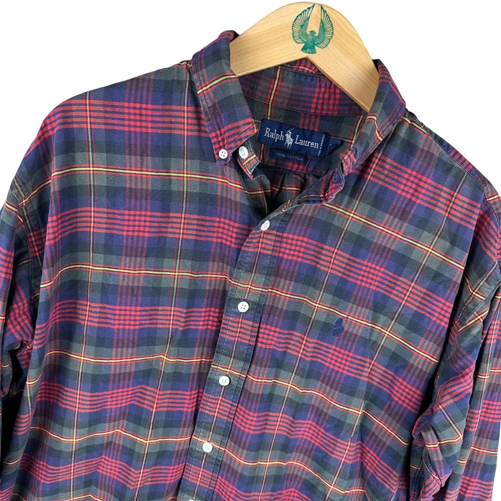Ralph Lauren Vintage 90s Plaid Button Down Shirt Medium Red Blue Green Cotton